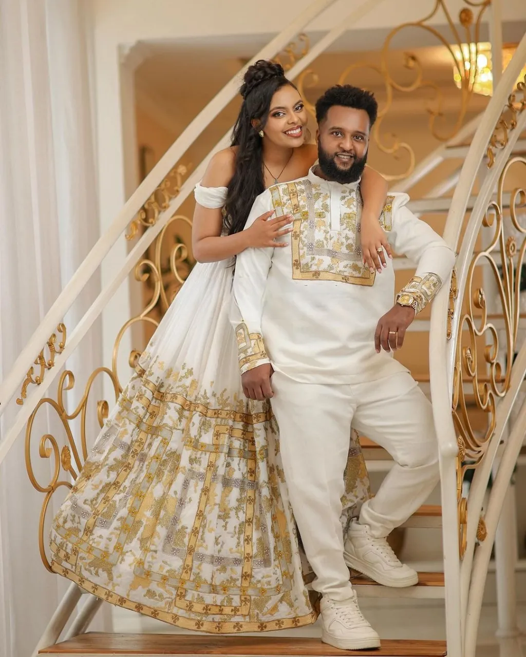 Shimmering Golden Ethiopian Traditional Couples Outfit: Elegant Look with Your Beloved in Matching Habesha Attire