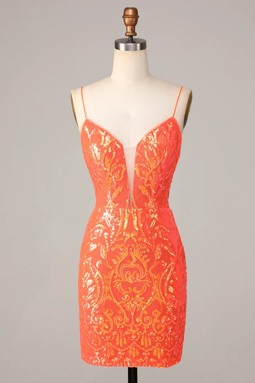Sparkly Orange Bodycon Spaghetti Straps Sequins Short Homecoming Dress