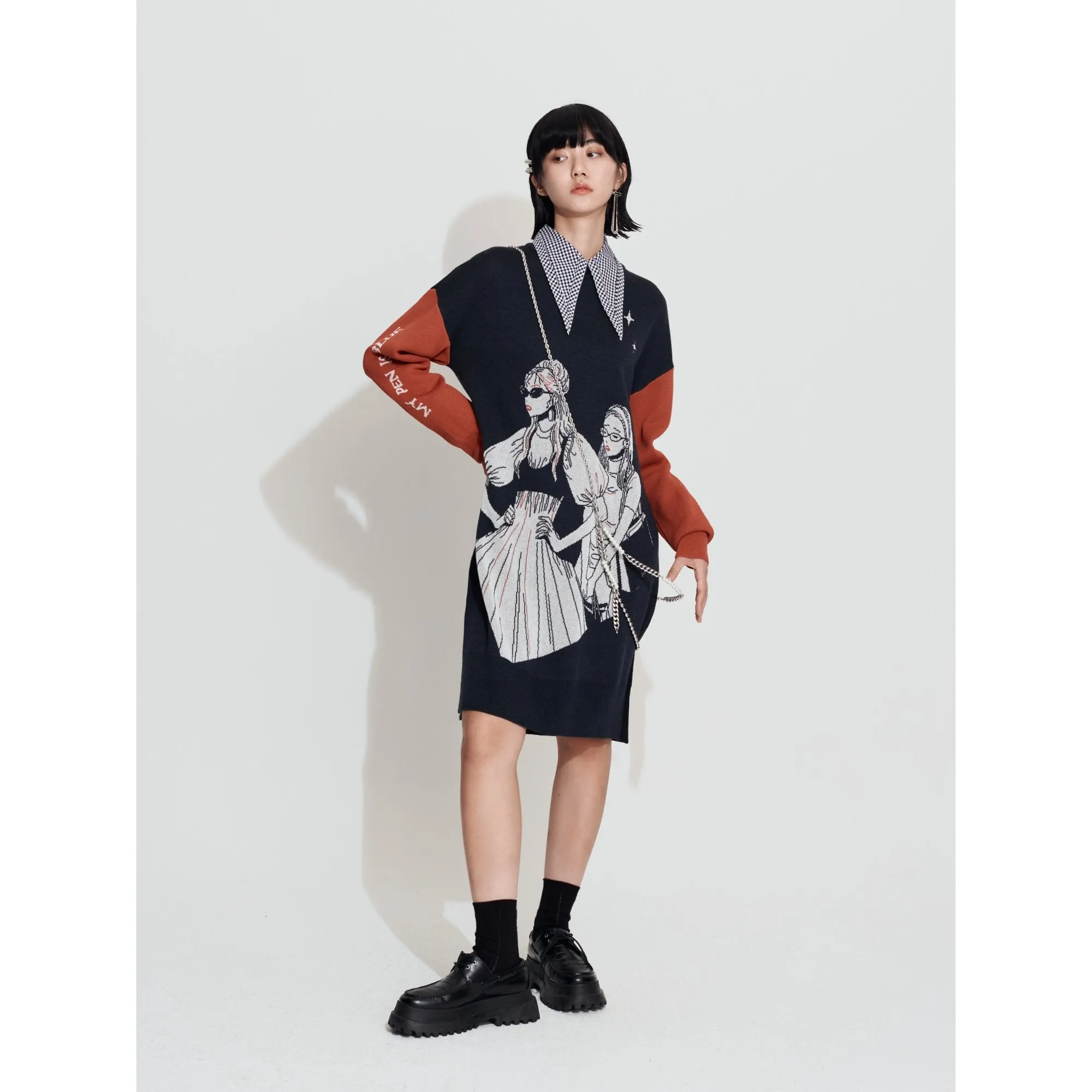 Women Jacquard Graphic Sweater Dress - Charcoal