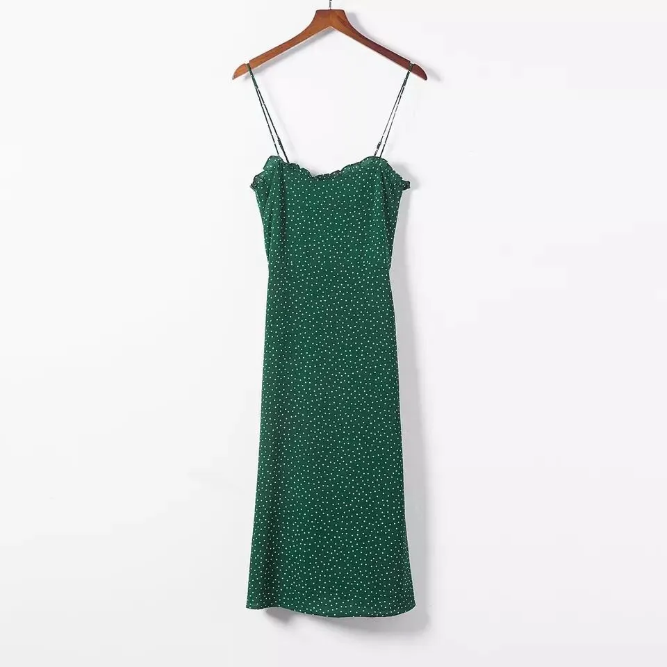 Women New-Coming Summer European Retro Dark green Dot Spaghetti Strap Lace Dress - WD8207