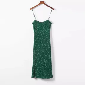 Women New-Coming Summer European Retro Dark green Dot Spaghetti Strap Lace Dress - WD8207