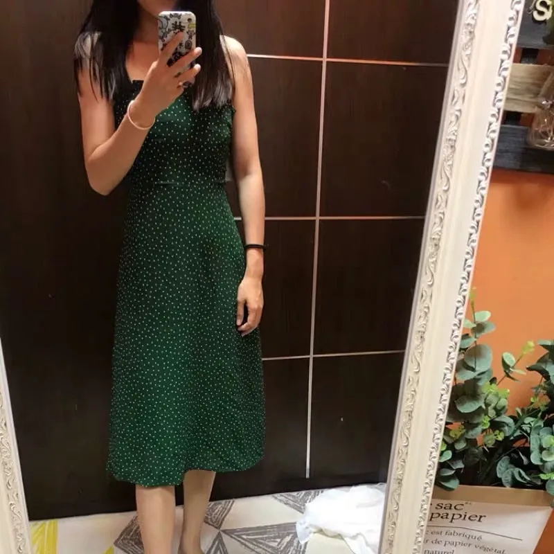 Women New-Coming Summer European Retro Dark green Dot Spaghetti Strap Lace Dress - WD8207