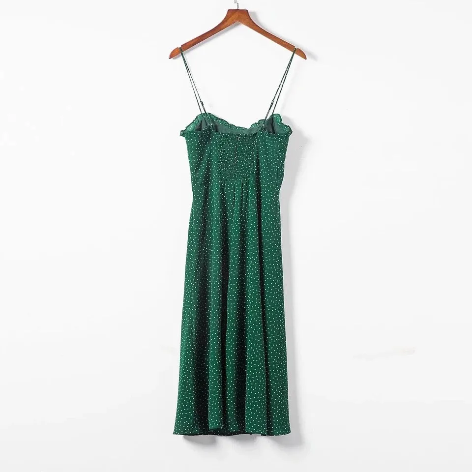 Women New-Coming Summer European Retro Dark green Dot Spaghetti Strap Lace Dress - WD8207