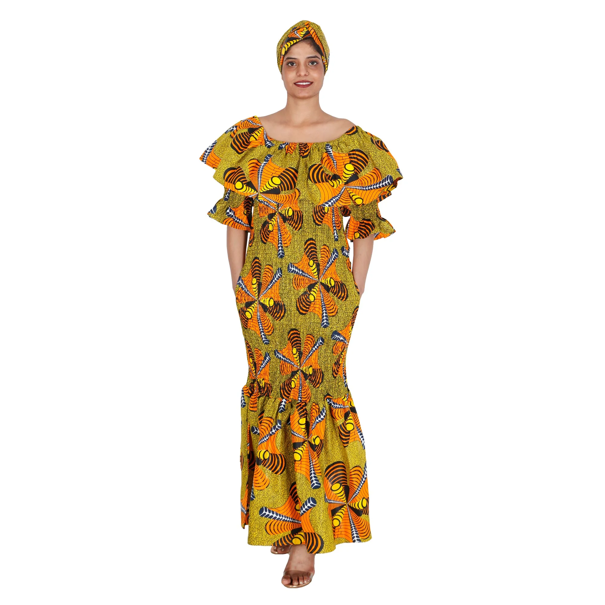 Women's Off Shoulder Short Sleeve Smocking Maxi Dress -- FI-P50077 HS