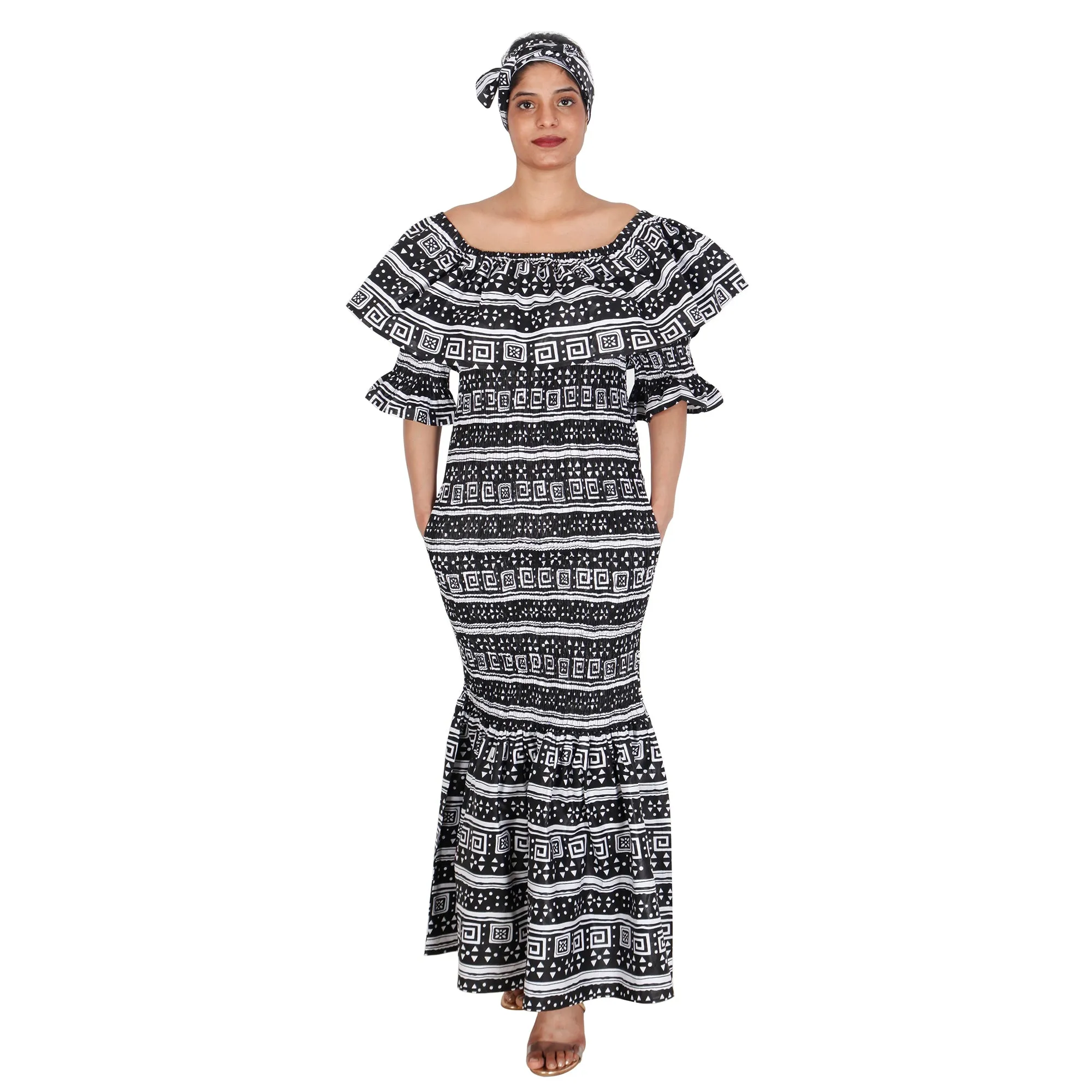 Women's Off Shoulder Short Sleeve Smocking Maxi Dress -- FI-P50077 HS