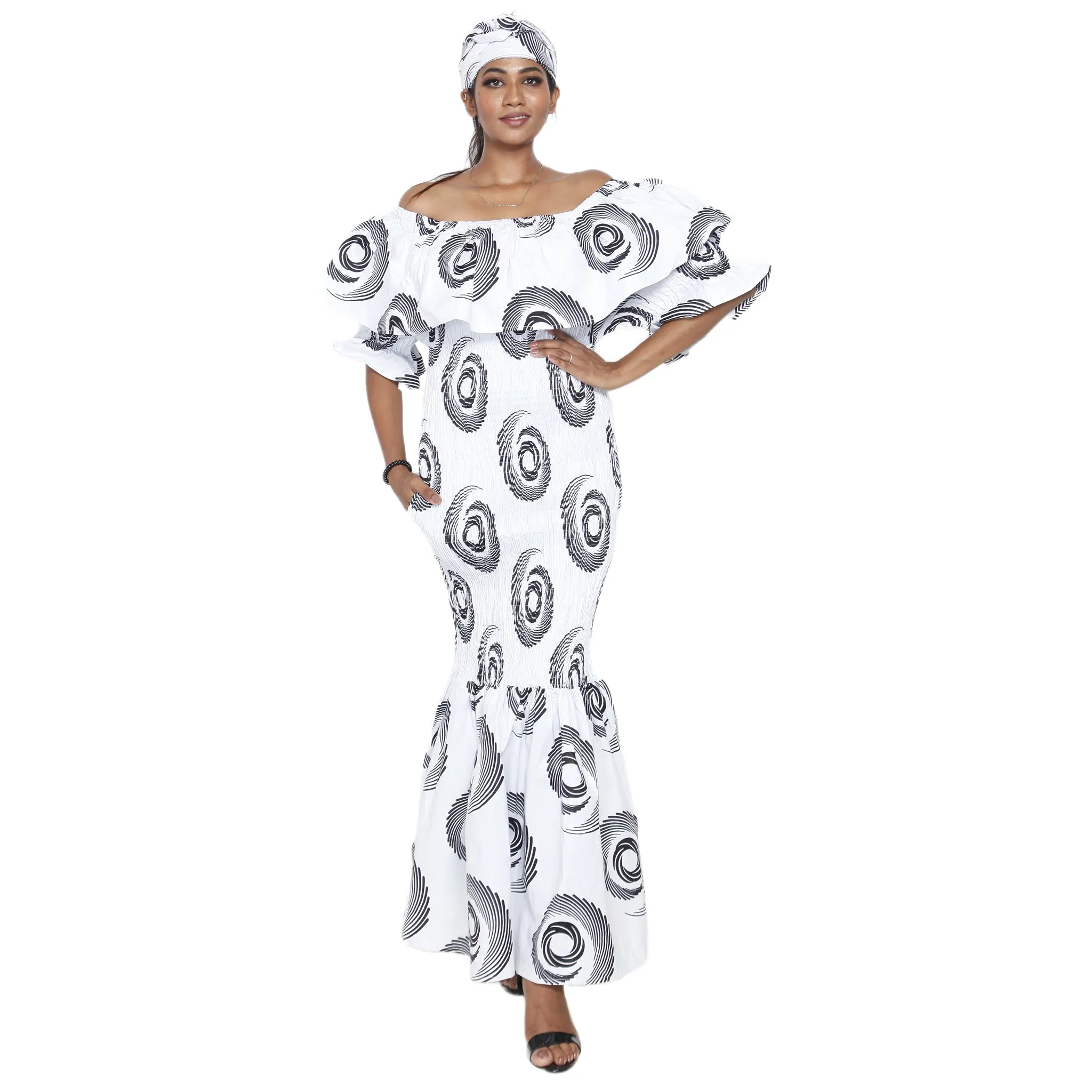 Women's Off Shoulder Short Sleeve Smocking Maxi Dress -- FI-P50077 HS