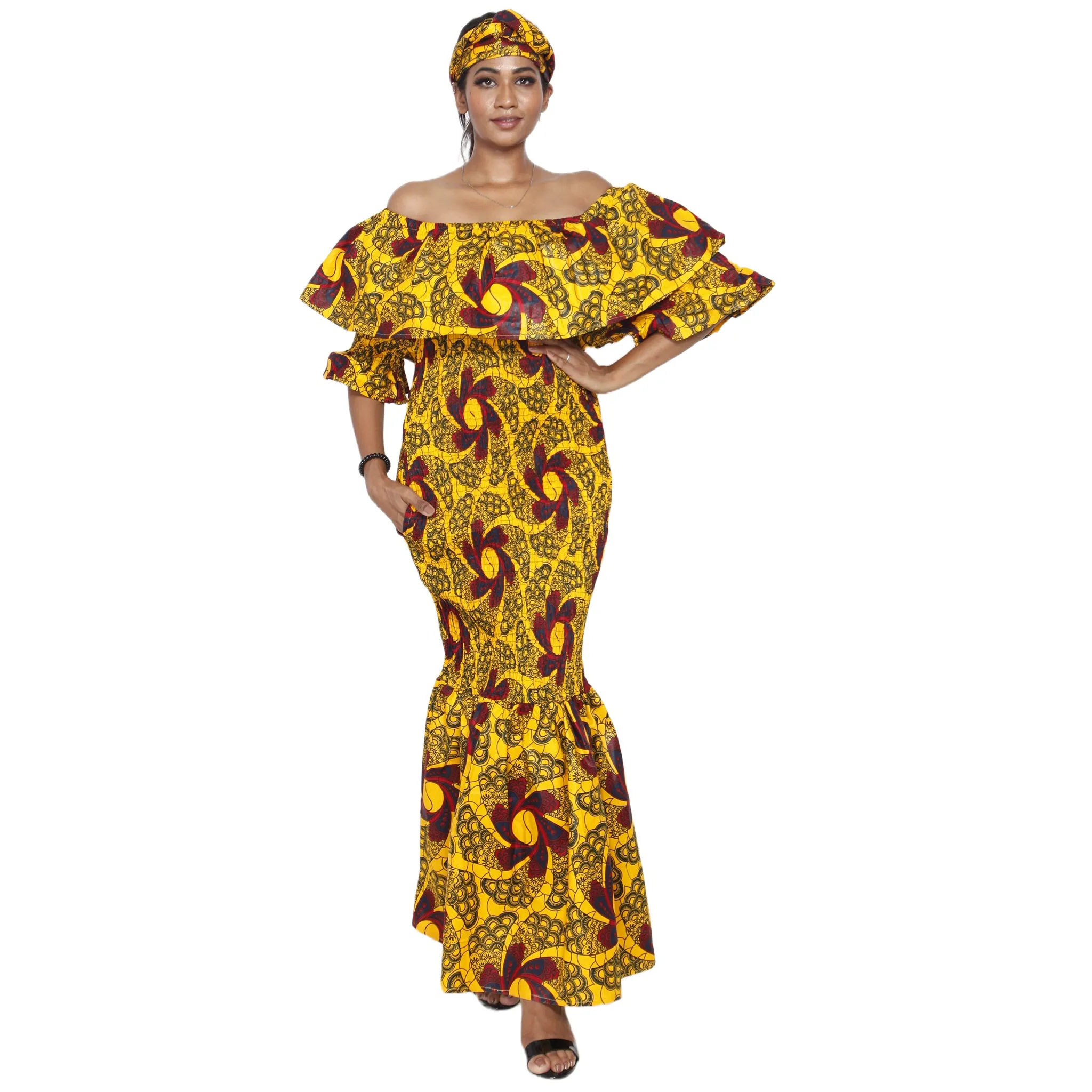 Women's Off Shoulder Short Sleeve Smocking Maxi Dress -- FI-P50077 HS