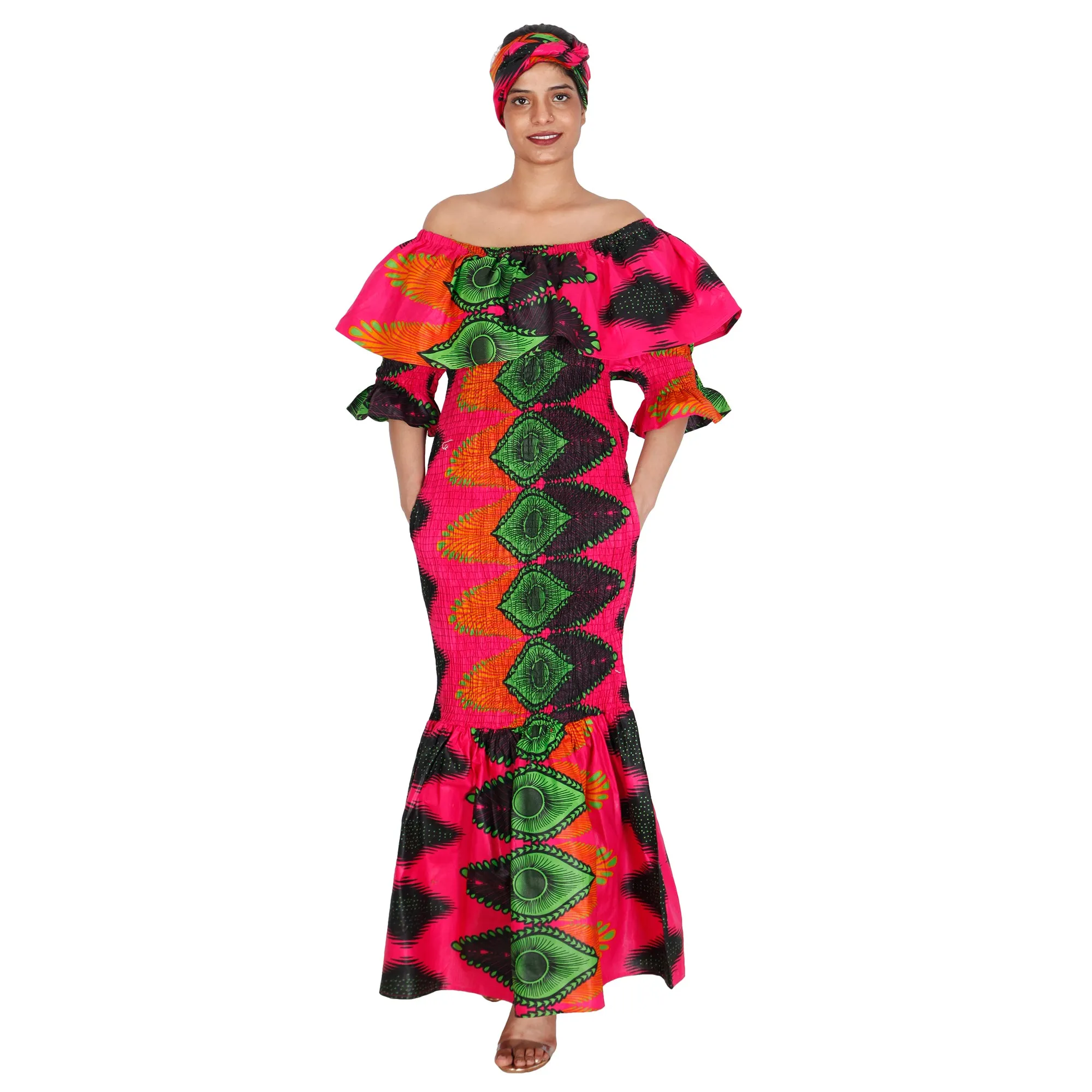 Women's Off Shoulder Short Sleeve Smocking Maxi Dress -- FI-P50077 HS