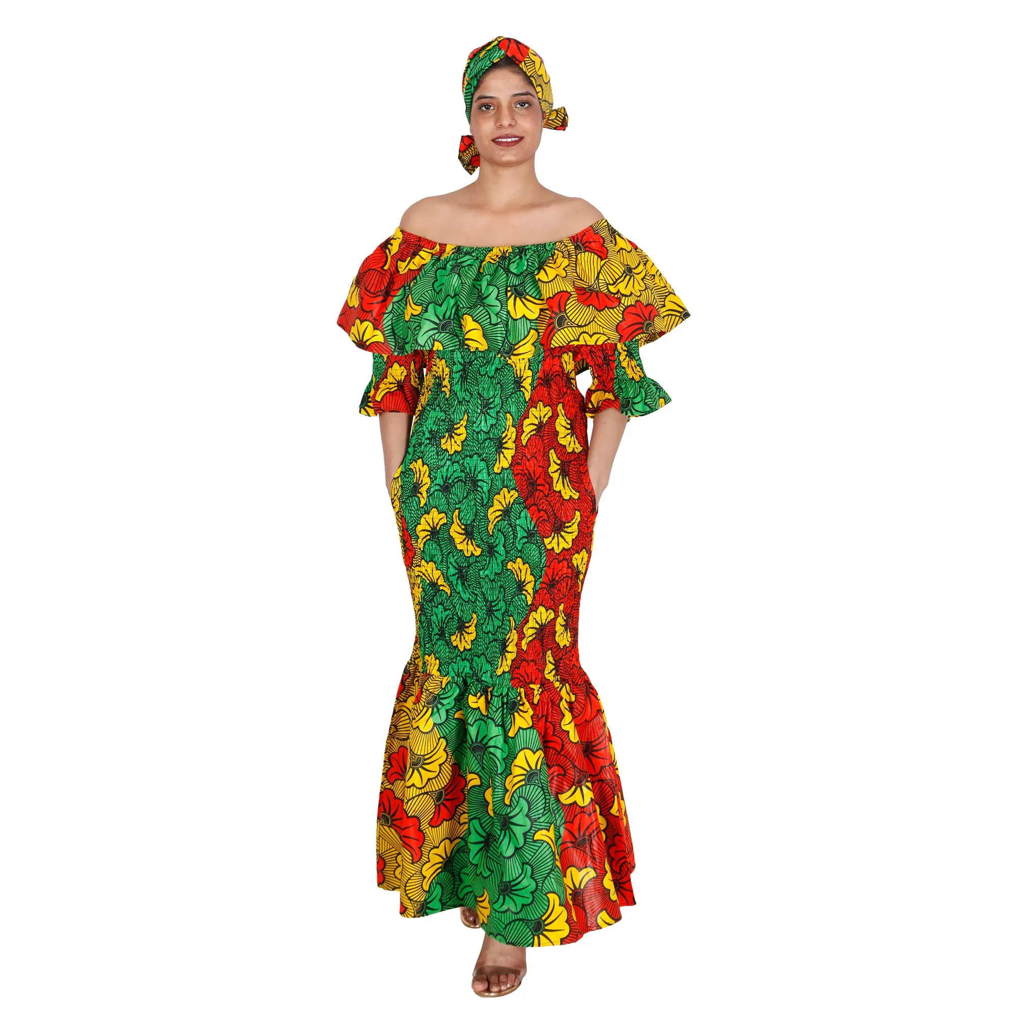 Women's Off Shoulder Short Sleeve Smocking Maxi Dress -- FI-P50077 HS