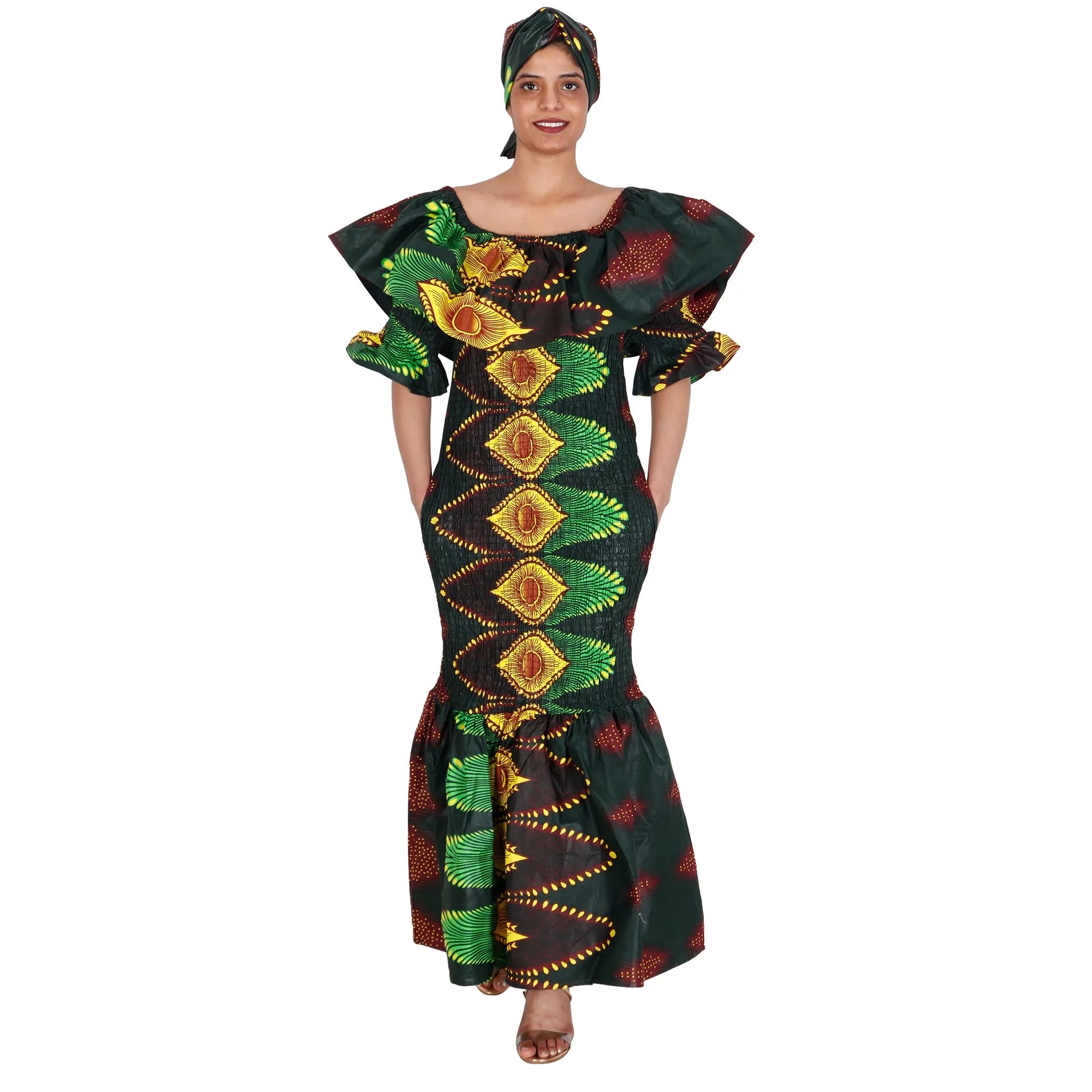 Women's Off Shoulder Short Sleeve Smocking Maxi Dress -- FI-P50077 HS