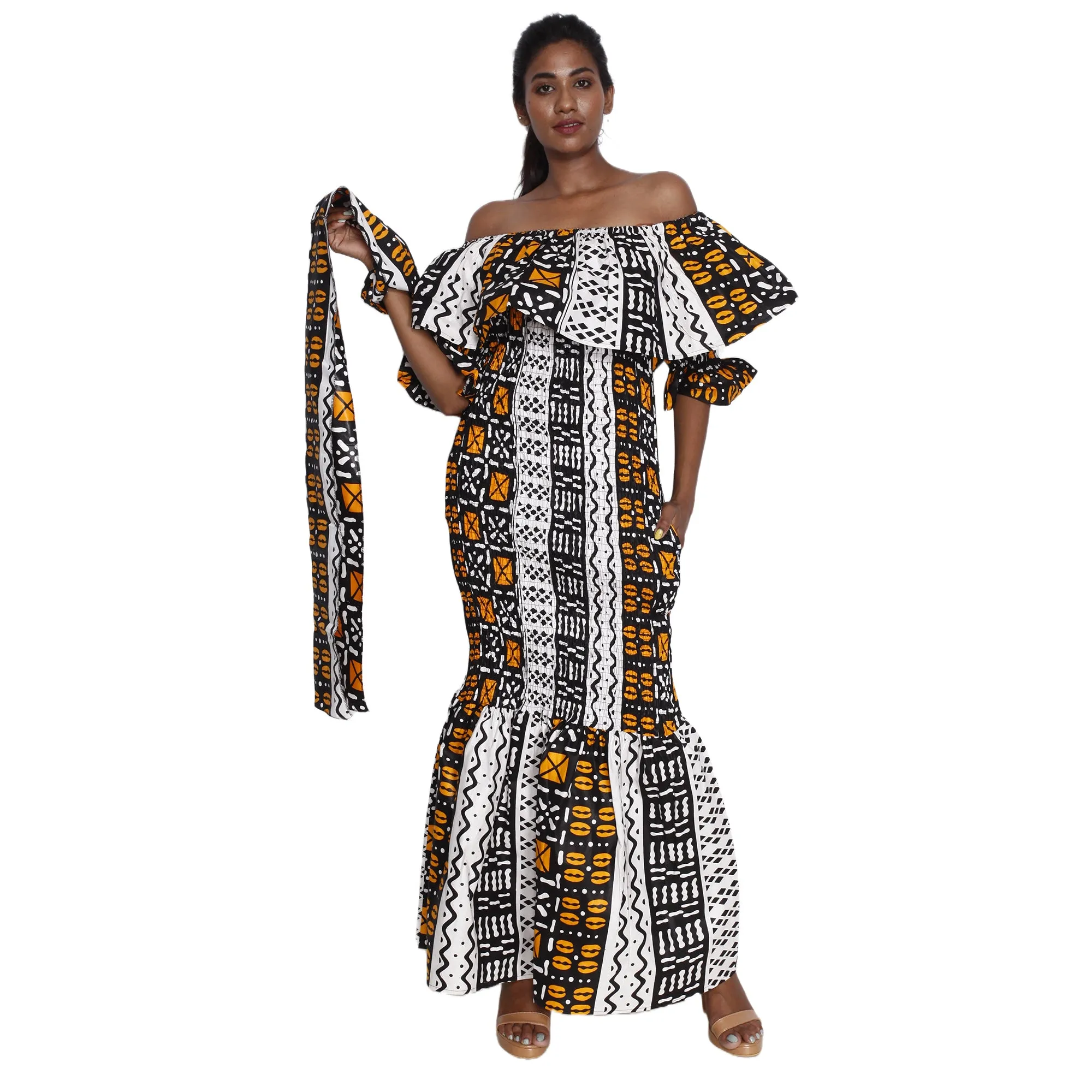 Women's Off Shoulder Short Sleeve Smocking Maxi Dress -- FI-P50077 HS