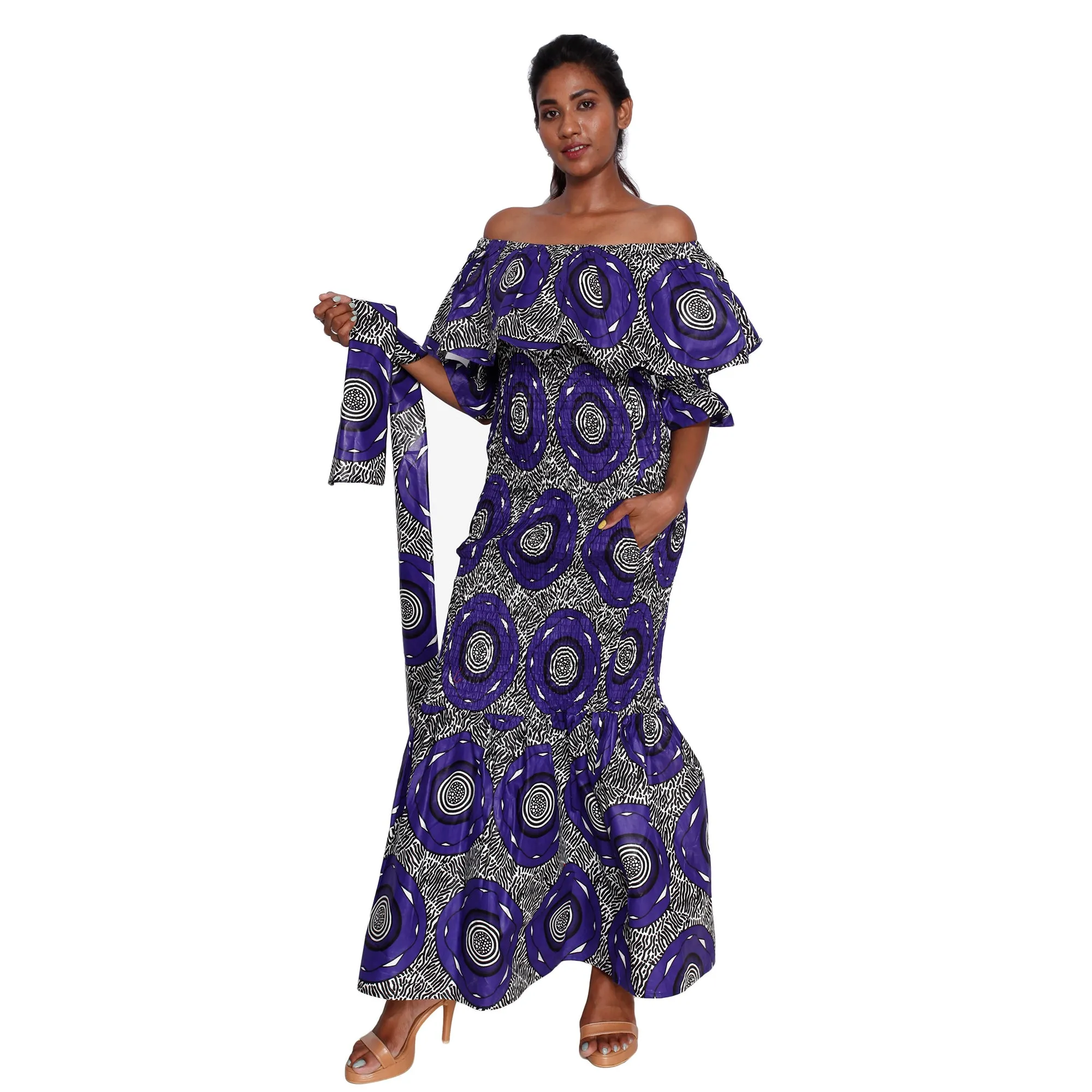 Women's Off Shoulder Short Sleeve Smocking Maxi Dress -- FI-P50077 HS