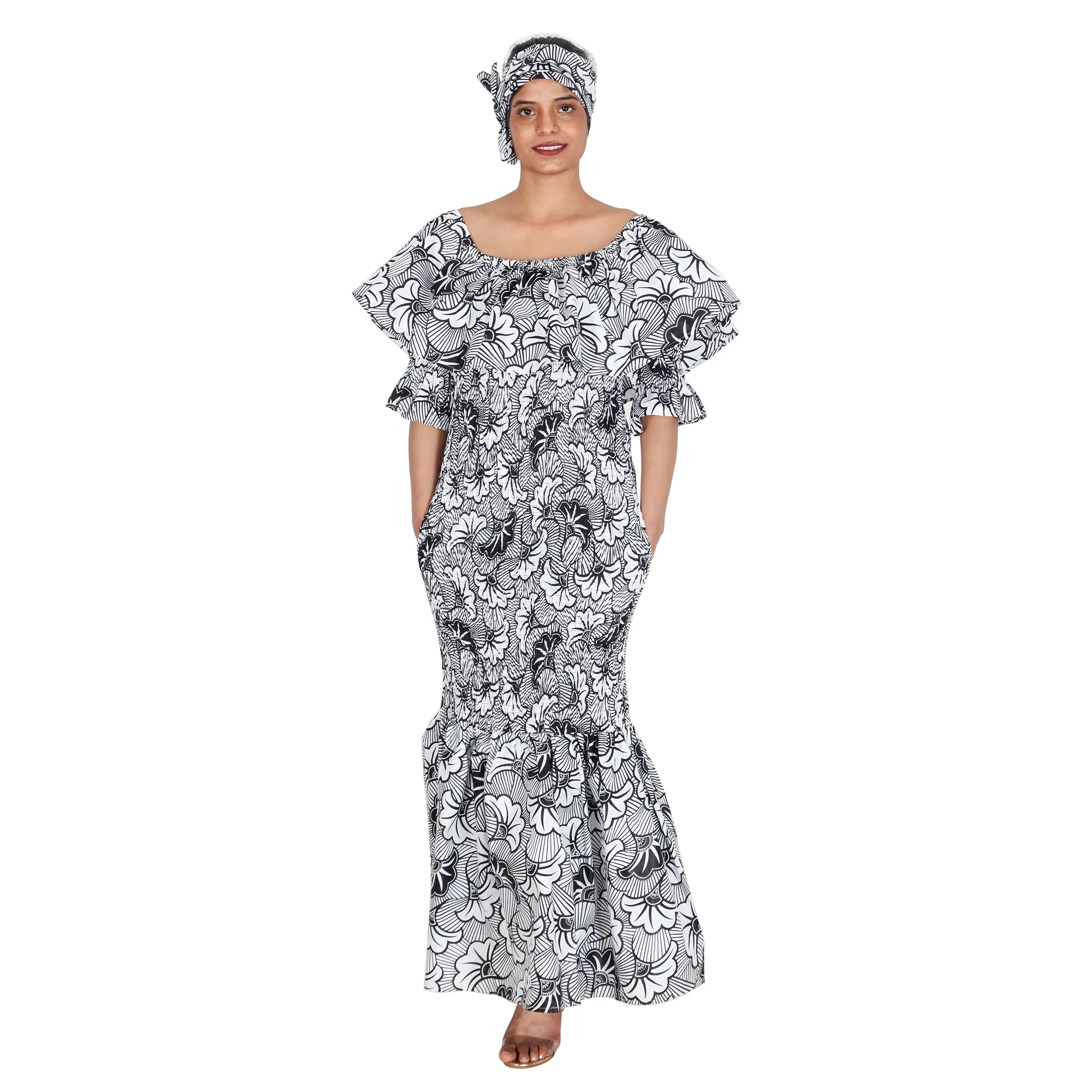 Women's Off Shoulder Short Sleeve Smocking Maxi Dress -- FI-P50077 HS
