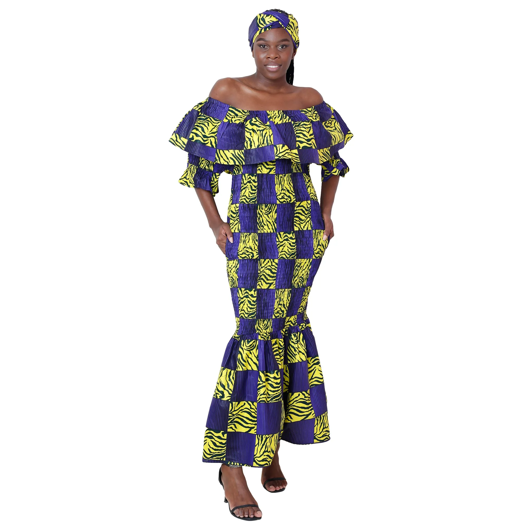 Women's Off Shoulder Short Sleeve Smocking Maxi Dress -- FI-P50077 HS