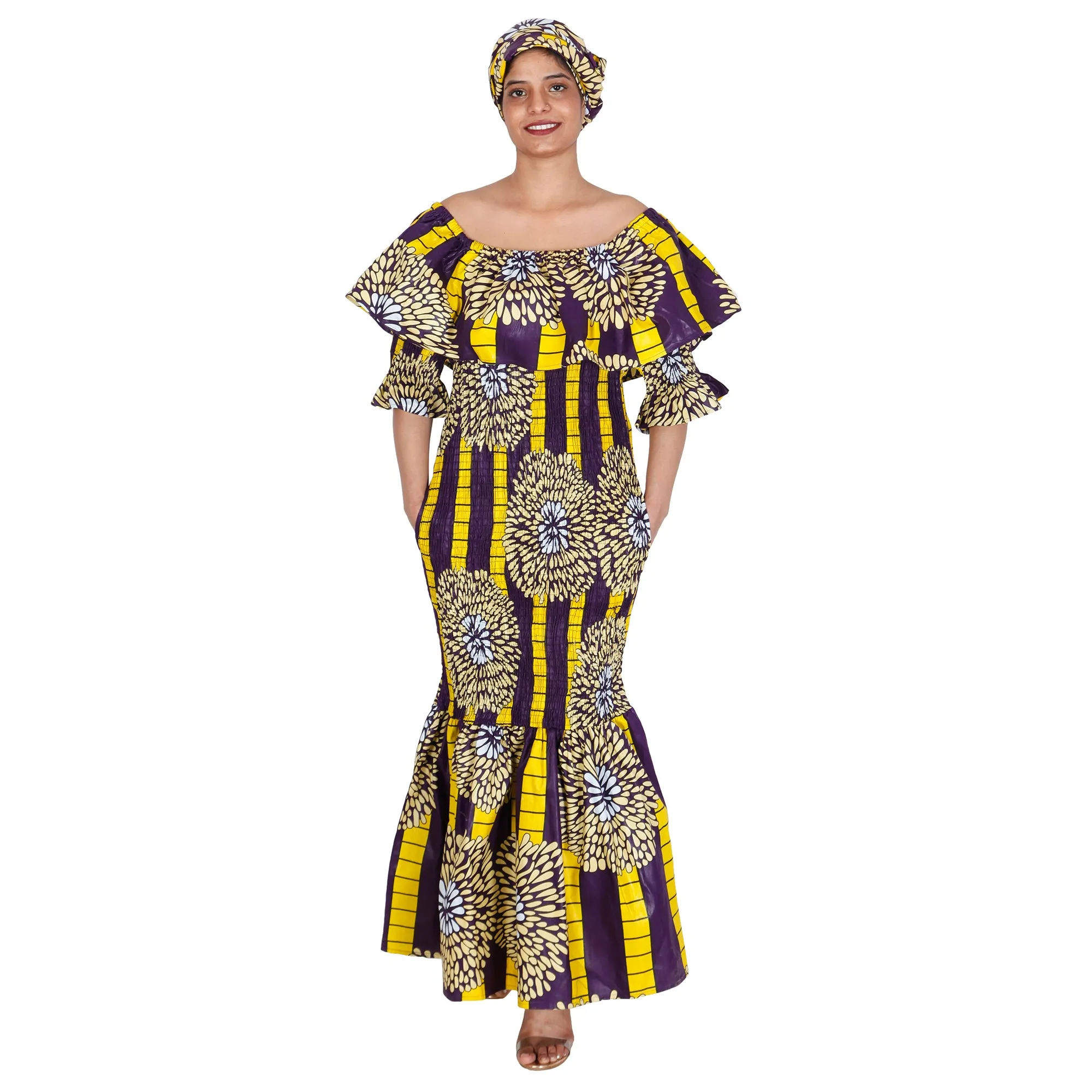 Women's Off Shoulder Short Sleeve Smocking Maxi Dress -- FI-P50077 HS