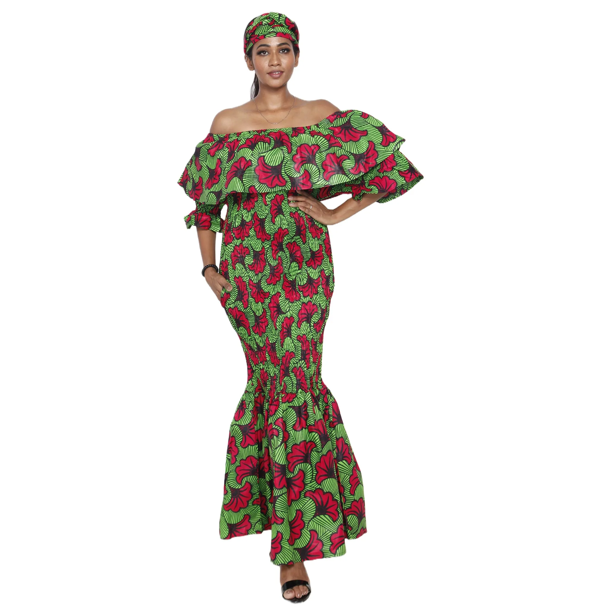 Women's Off Shoulder Short Sleeve Smocking Maxi Dress -- FI-P50077 HS