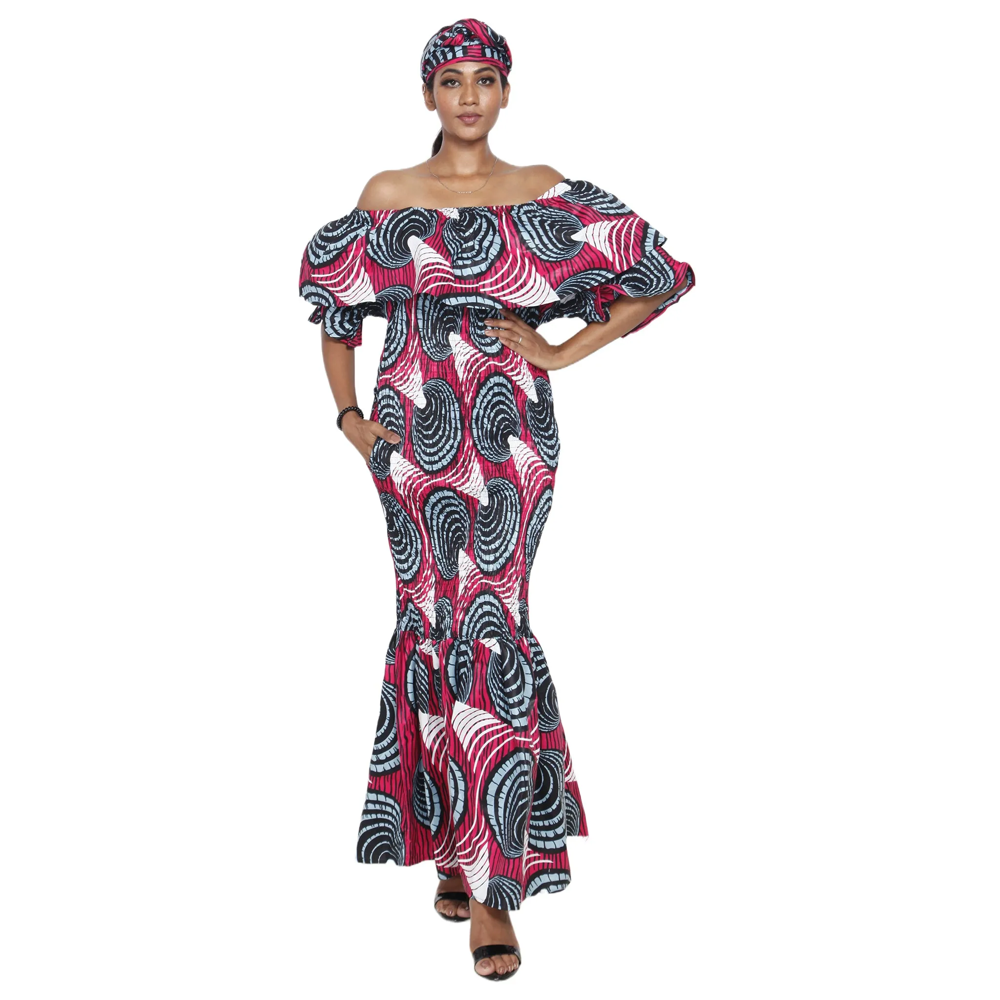 Women's Off Shoulder Short Sleeve Smocking Maxi Dress -- FI-P50077 HS