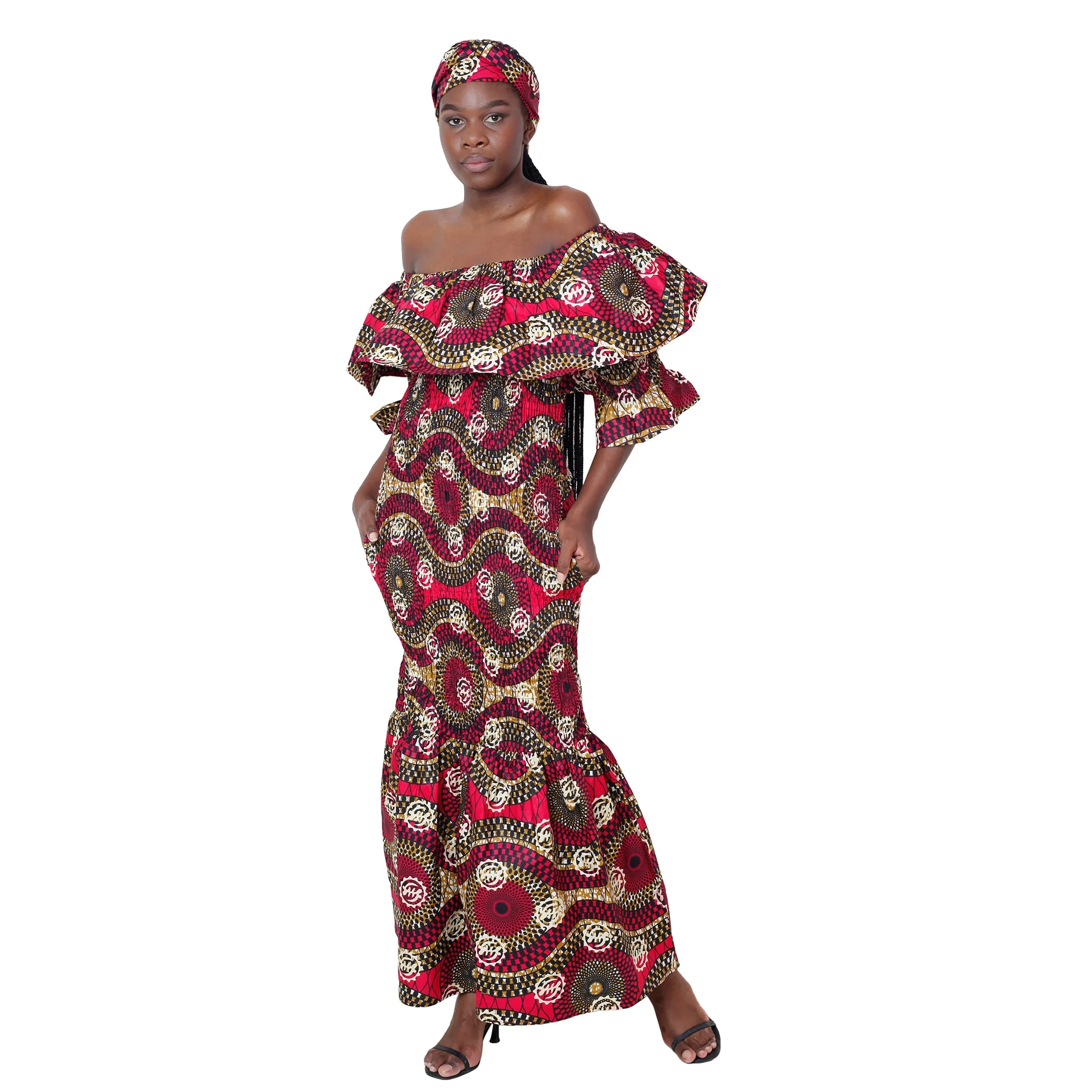 Women's Off Shoulder Short Sleeve Smocking Maxi Dress -- FI-P50077 HS