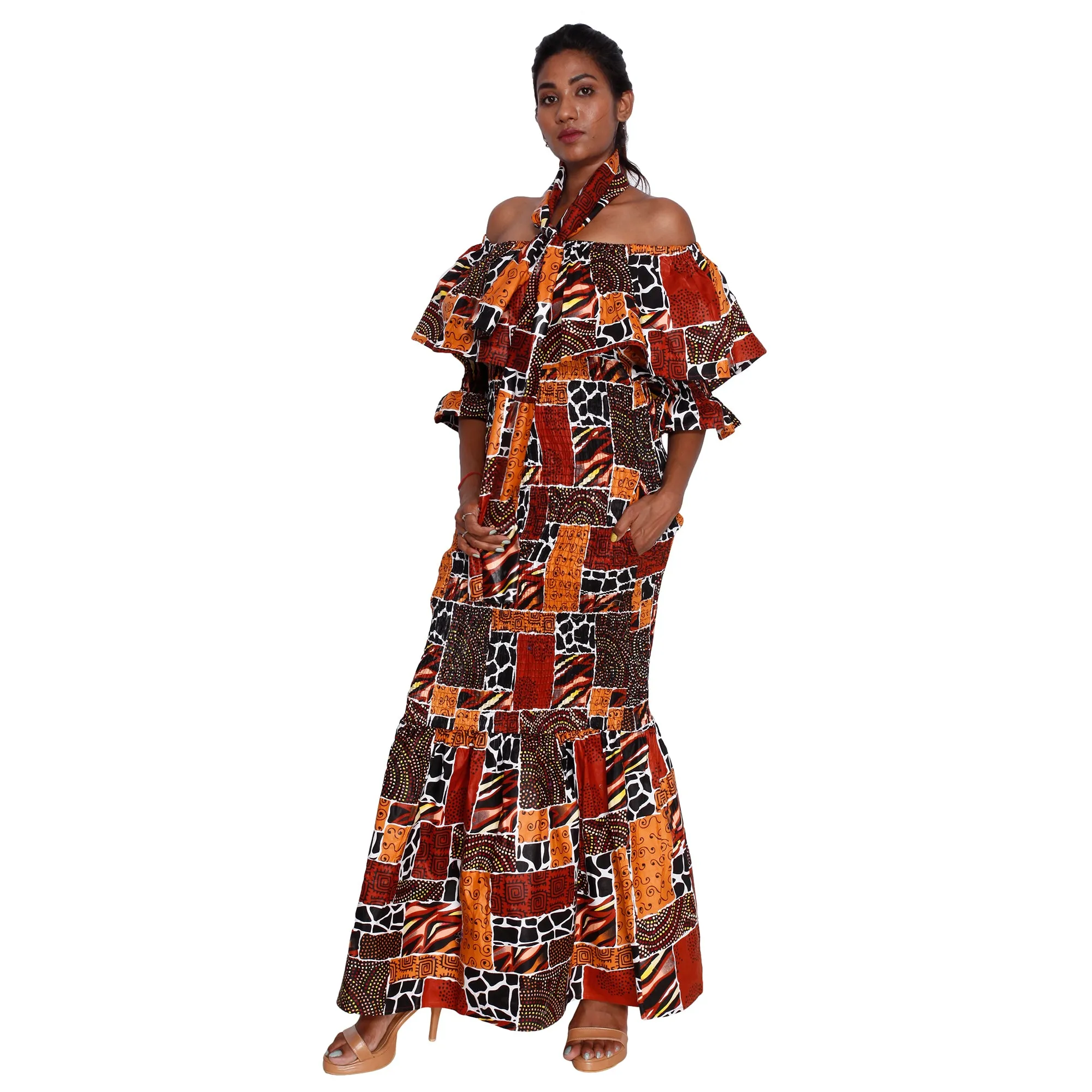 Women's Off Shoulder Short Sleeve Smocking Maxi Dress -- FI-P50077 HS