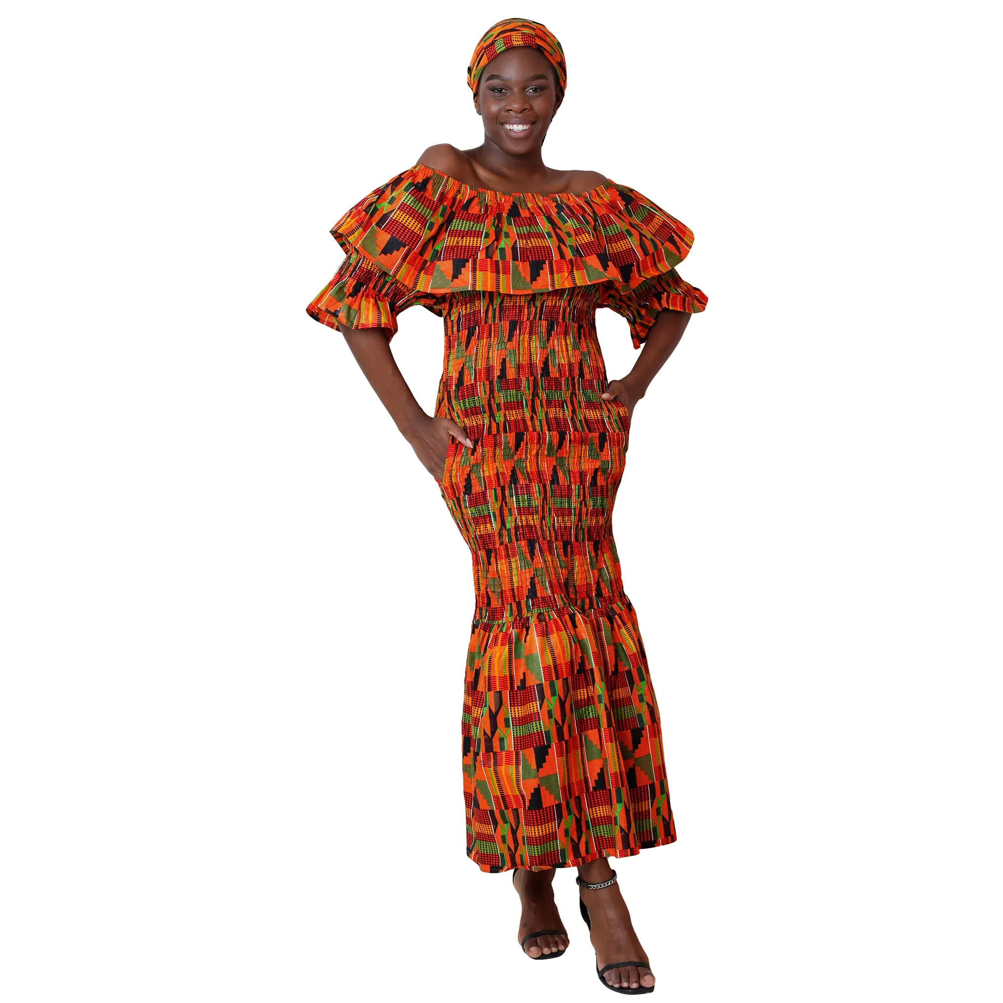 Women's Off Shoulder Short Sleeve Smocking Maxi Dress -- FI-P50077 HS