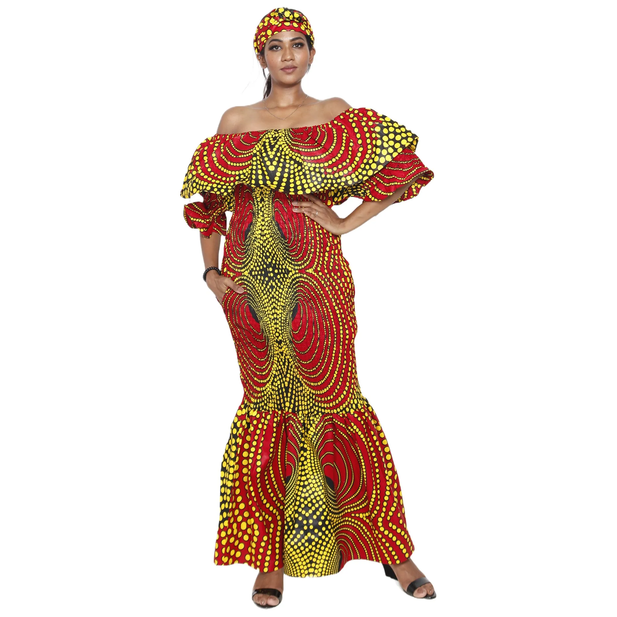 Women's Off Shoulder Short Sleeve Smocking Maxi Dress -- FI-P50077 HS