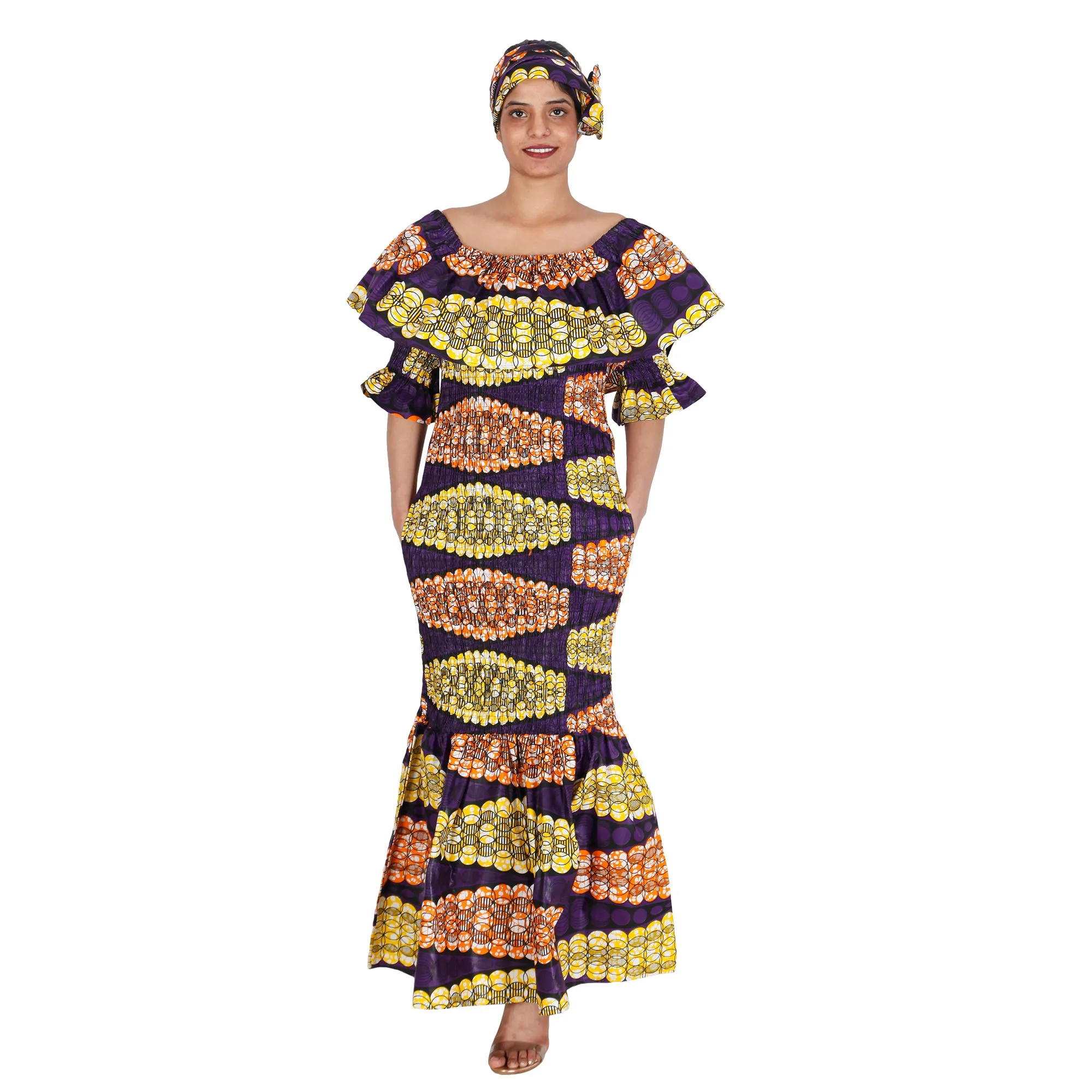 Women's Off Shoulder Short Sleeve Smocking Maxi Dress -- FI-P50077 HS