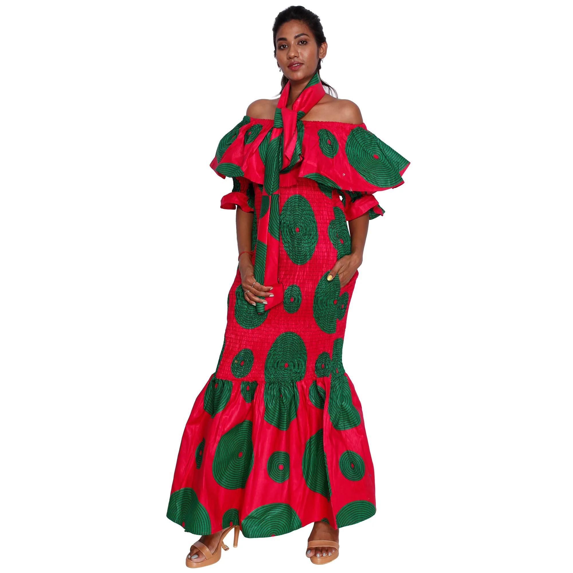 Women's Off Shoulder Short Sleeve Smocking Maxi Dress -- FI-P50077 HS