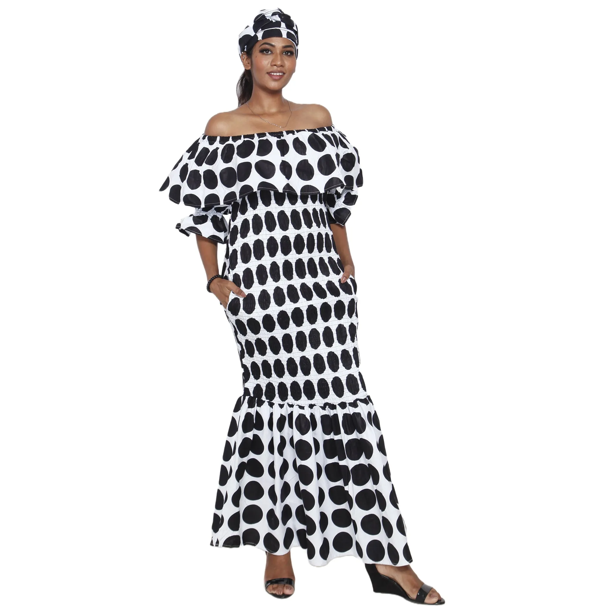 Women's Off Shoulder Short Sleeve Smocking Maxi Dress -- FI-P50077 HS