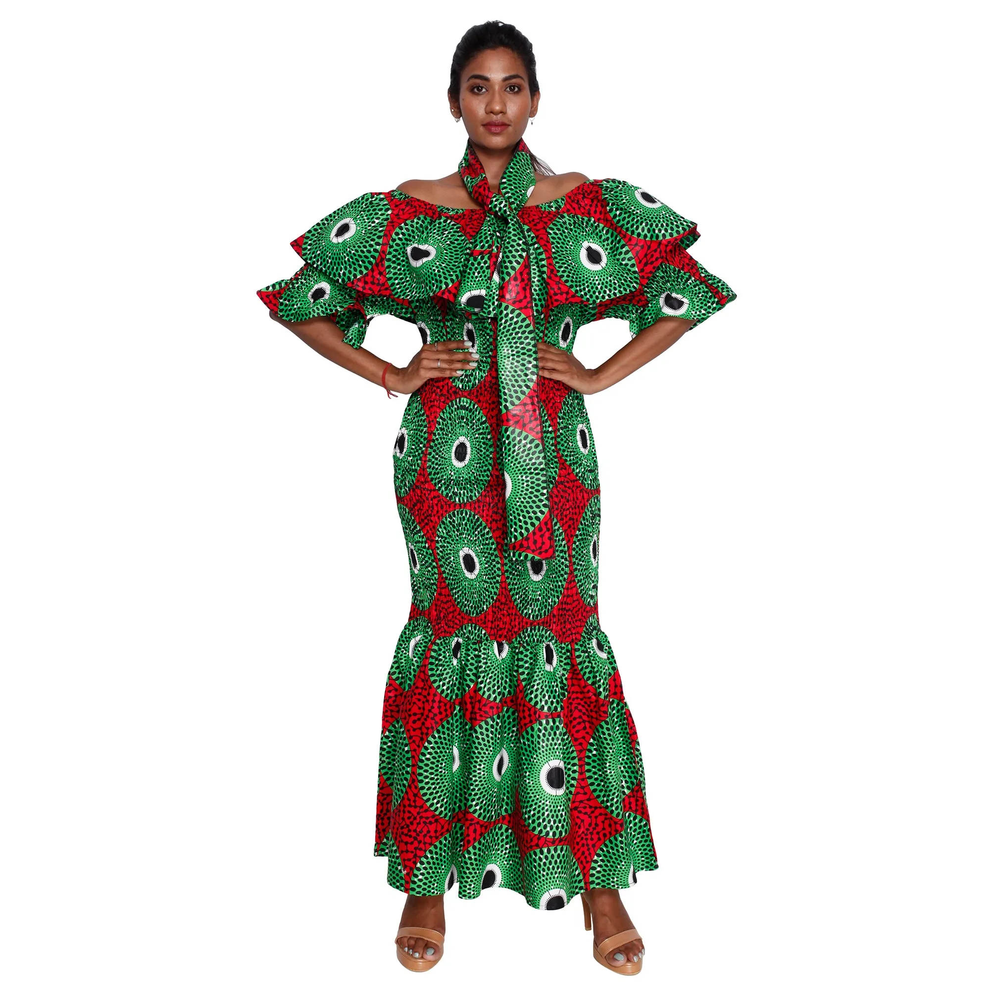 Women's Off Shoulder Short Sleeve Smocking Maxi Dress -- FI-P50077 HS