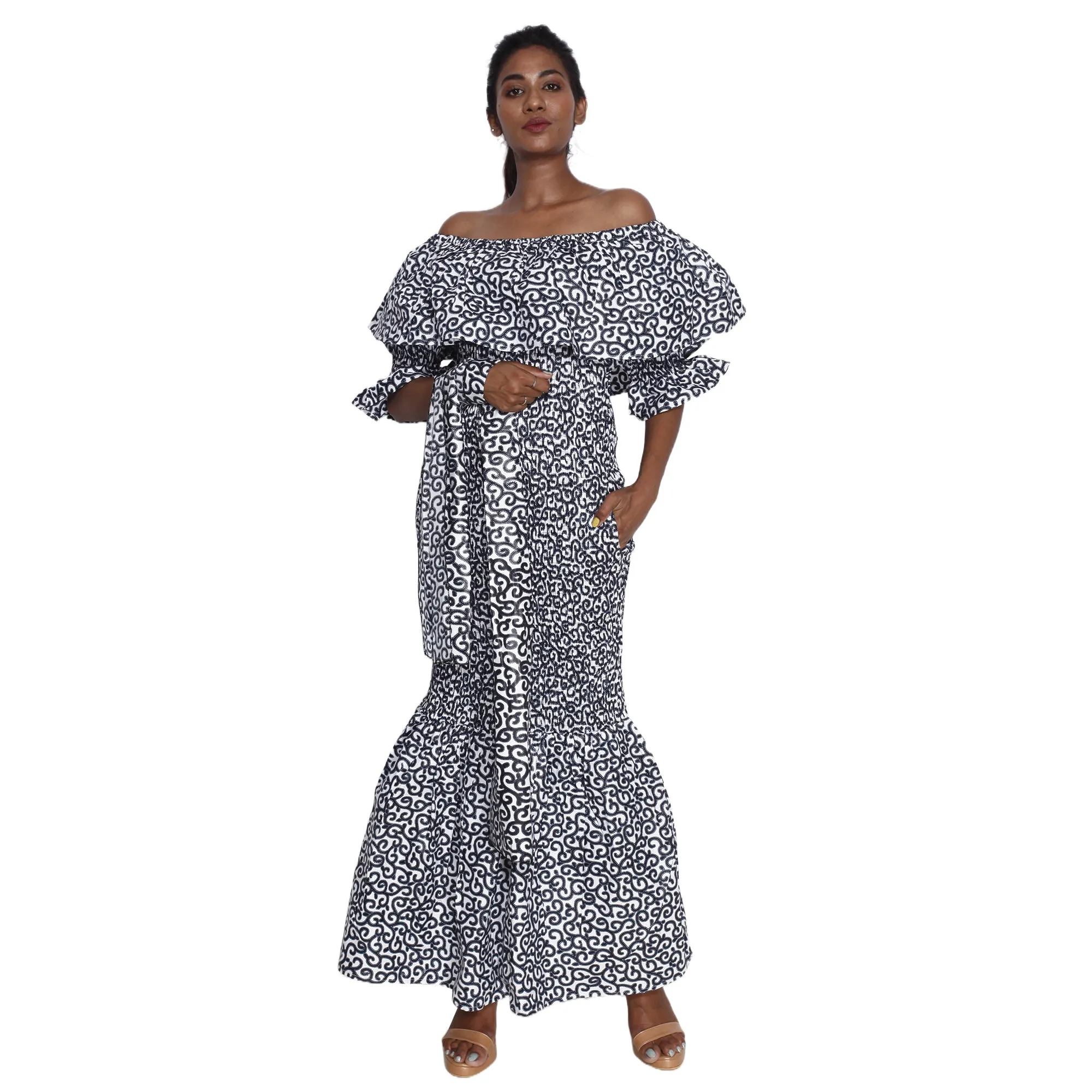 Women's Off Shoulder Short Sleeve Smocking Maxi Dress -- FI-P50077 HS